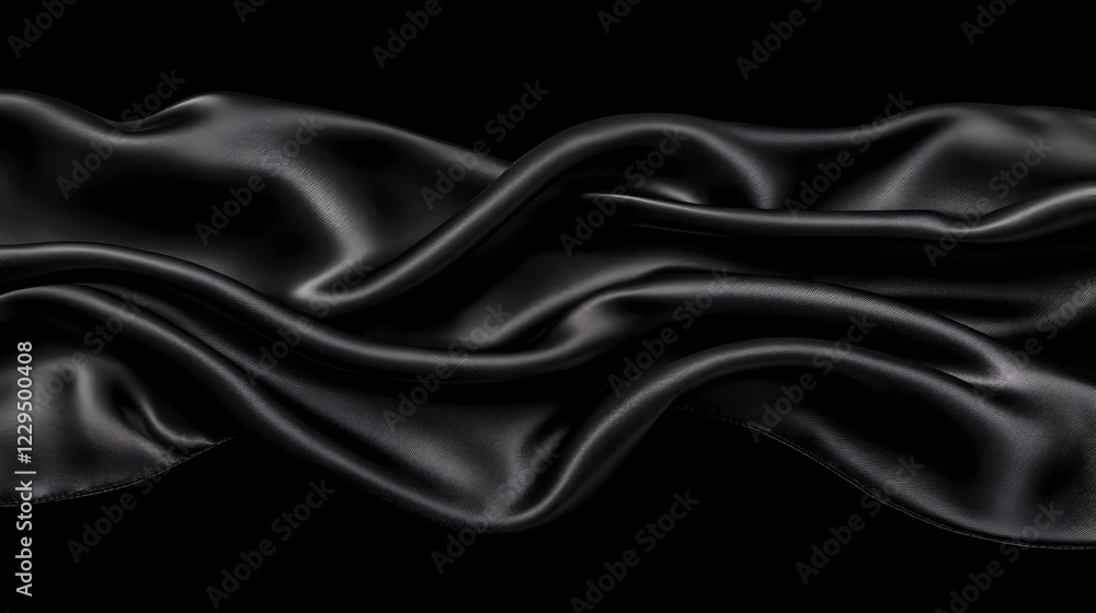Obraz premium Flowing Black Silk Fabric Drapes Elegantly on a Dark Background, Creating a Luxurious Texture