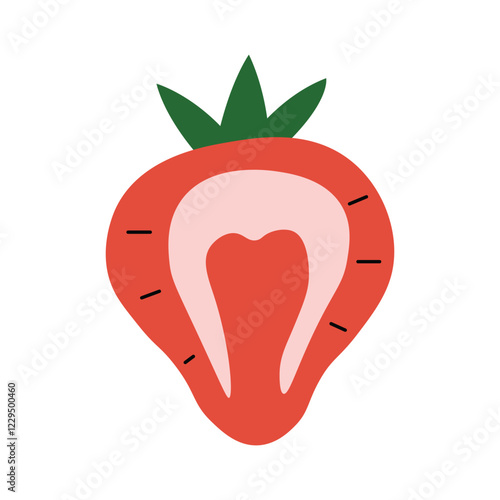 Minimalistic illustration of a halved strawberry with green leaves, pink core, and lines