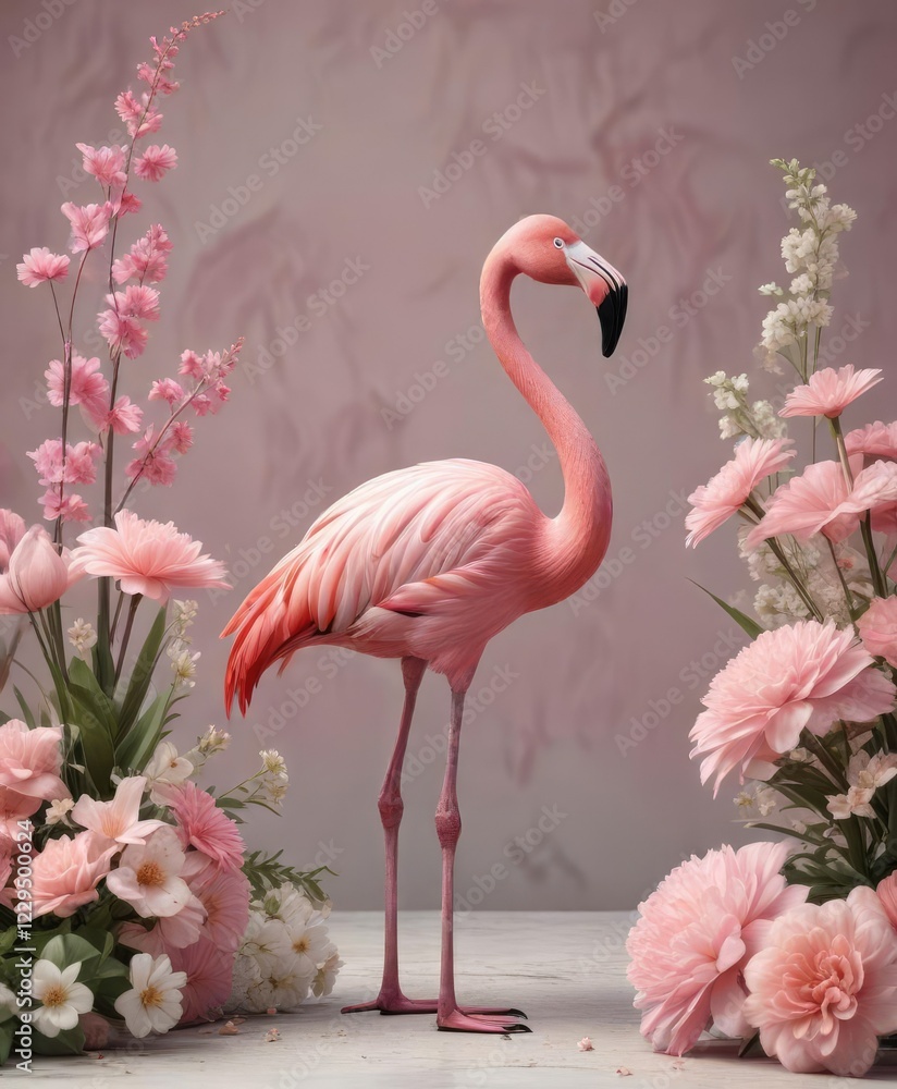 Fototapeta premium Feminine pink flamingo and soft flowers composition, bird, design, decoration, flowers