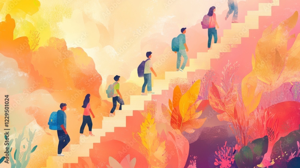 Group of people climbing up stairs in a vibrant natural landscape with trees and hills Group of people climbing up stairs in a vibrant natural landscape with trees and hills