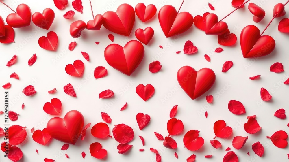 Festive Valentine's Day backdrop with red hearts and rose petals, floral arrangements, textured Festive Valentine's Day backdrop with red hearts and rose petals, floral arrangements, textured