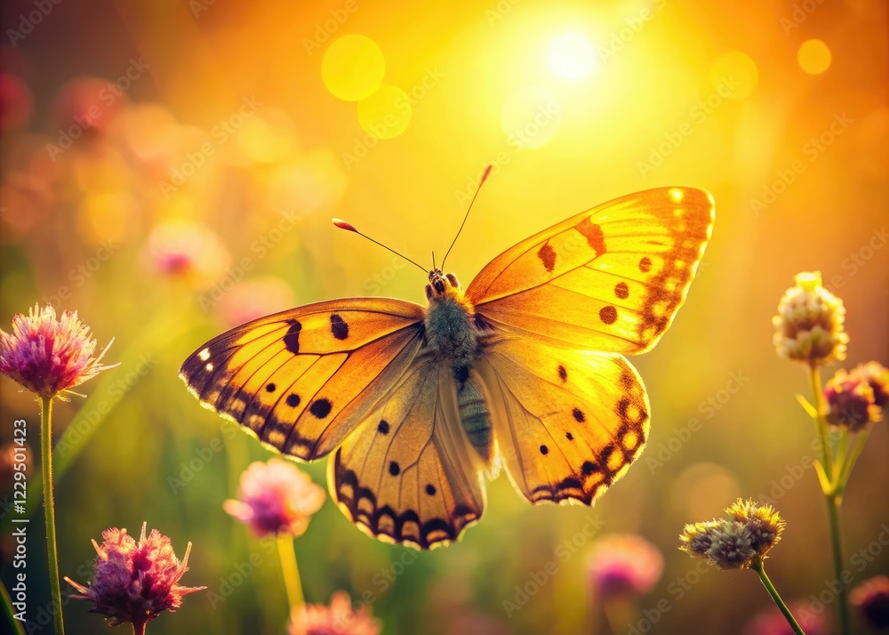 Obraz premium Macro shot: Vintage yellow butterfly, black-spotted wings, bathed in soft natural light.