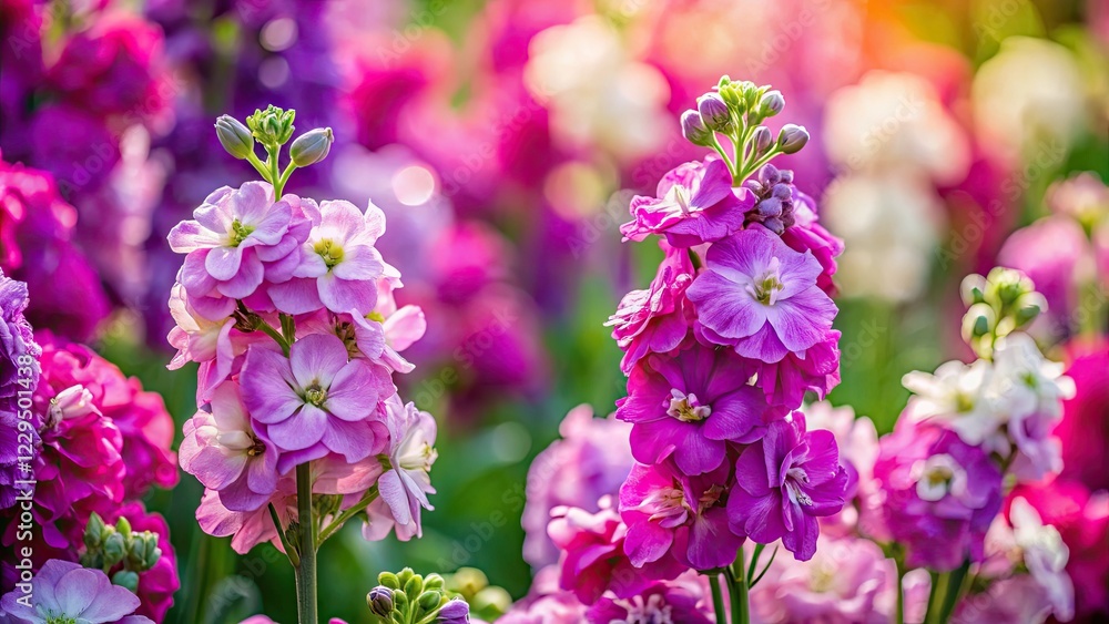 Macro view: vibrant Matthiola incana, nursery-grown stock flowers in glorious bloom. Macro view: vibrant Matthiola incana, nursery-grown stock flowers in glorious bloom.