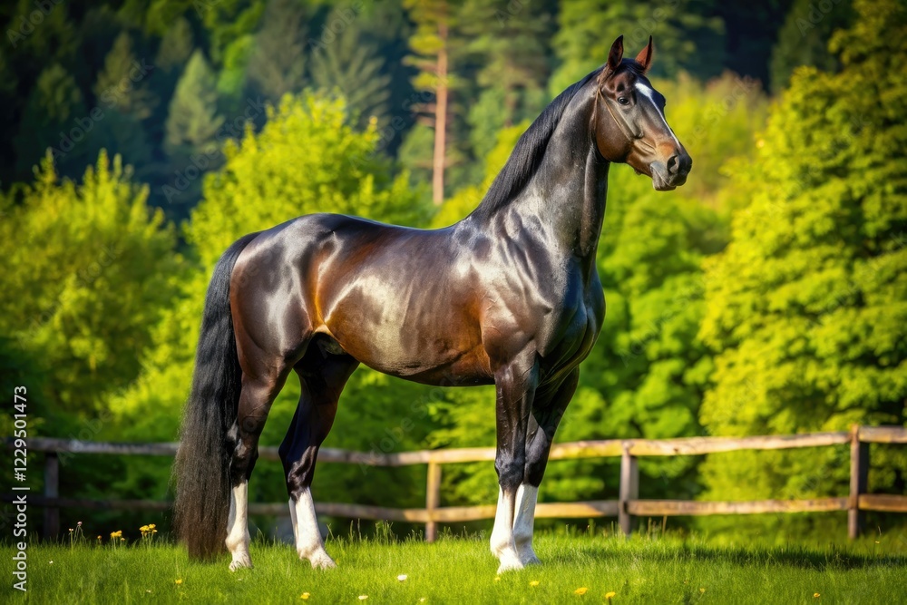 Majestic black sport horse, striking blaze, showcased in idyllic paddock paradise; equine elegance personified. Majestic black sport horse, striking blaze, showcased in idyllic paddock paradise; equine elegance personified.