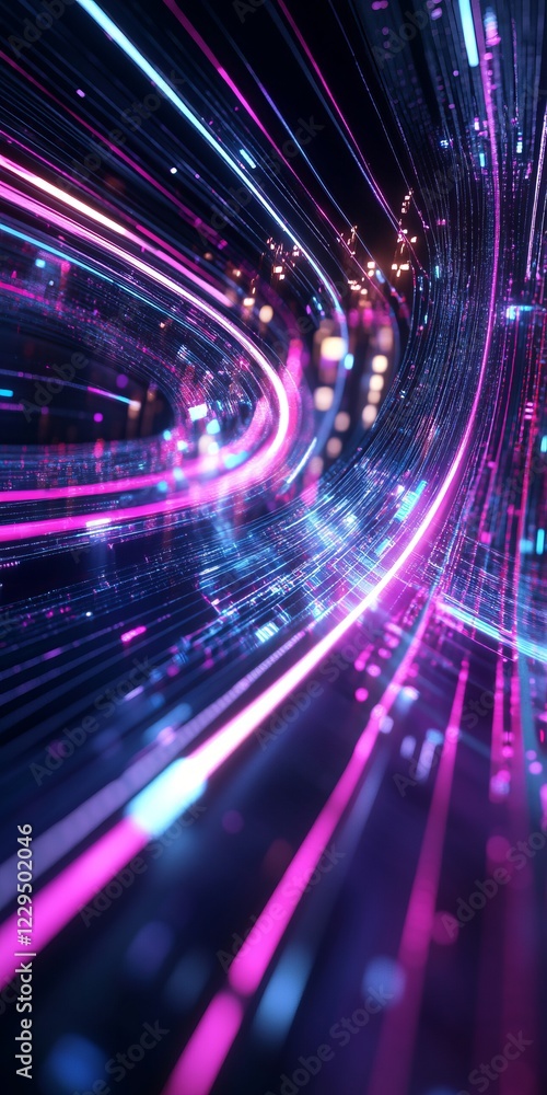 Obraz premium Abstract digital art featuring vibrant neon light trails in a futuristic space, showcasing dynamic motion and vivid colors.