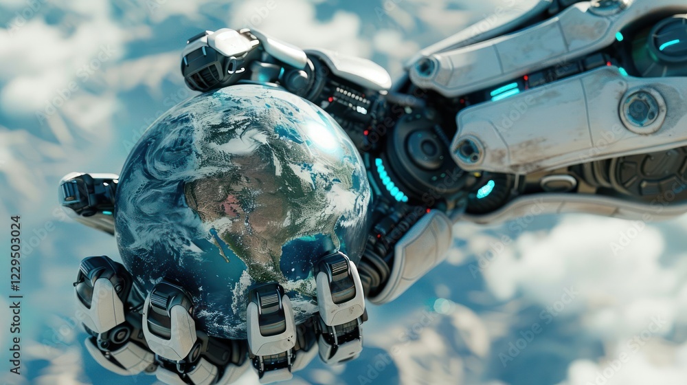 Futuristic robotic hand gently holding a detailed Earth globe amidst a serene sky backdrop Futuristic robotic hand gently holding a detailed Earth globe amidst a serene sky backdrop