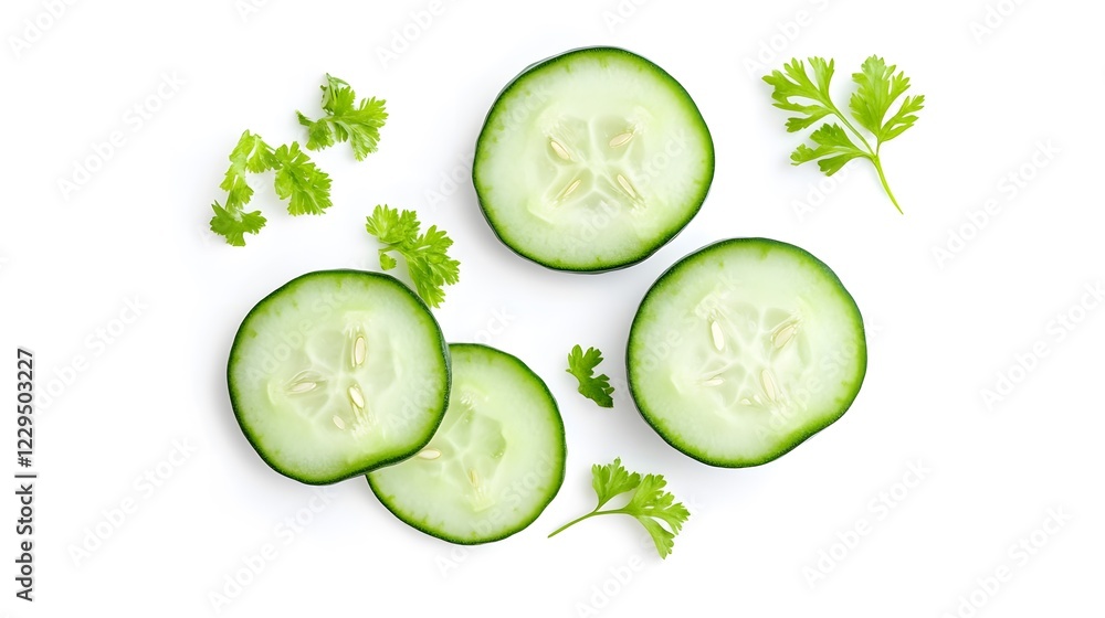 Fresh cucumber slices and parsley sprigs arranged on a white background. Fresh cucumber slices and parsley sprigs arranged on a white background.