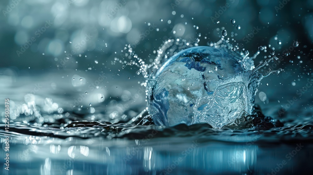 A close-up of a water droplet splashing in a serene blue environment with soft bokeh effects A close-up of a water droplet splashing in a serene blue environment with soft bokeh effects