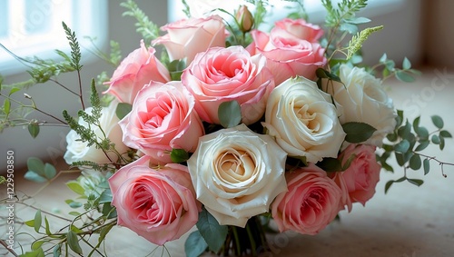 Elegant pink and white rose bouquet in soft light