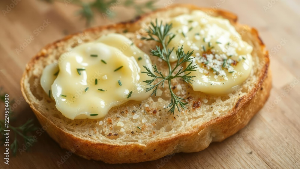 Freshly baked crispy bread topped with savory garlic butter and sprinkled with fragrant dill, delicious, snack, homemade Freshly baked crispy bread topped with savory garlic butter and sprinkled with fragrant dill, delicious, snack, homemade