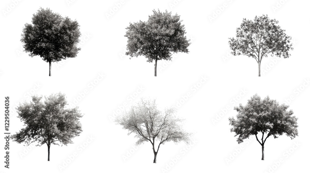 Fototapeta premium Visual study of various tree shapes and sizes in a monochrome style across multiple angles