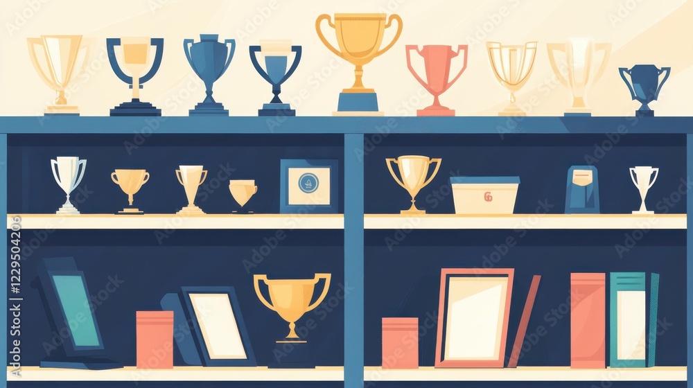 Shelf displaying various books and trophies arranged neatly for a decorative look Shelf displaying various books and trophies arranged neatly for a decorative look