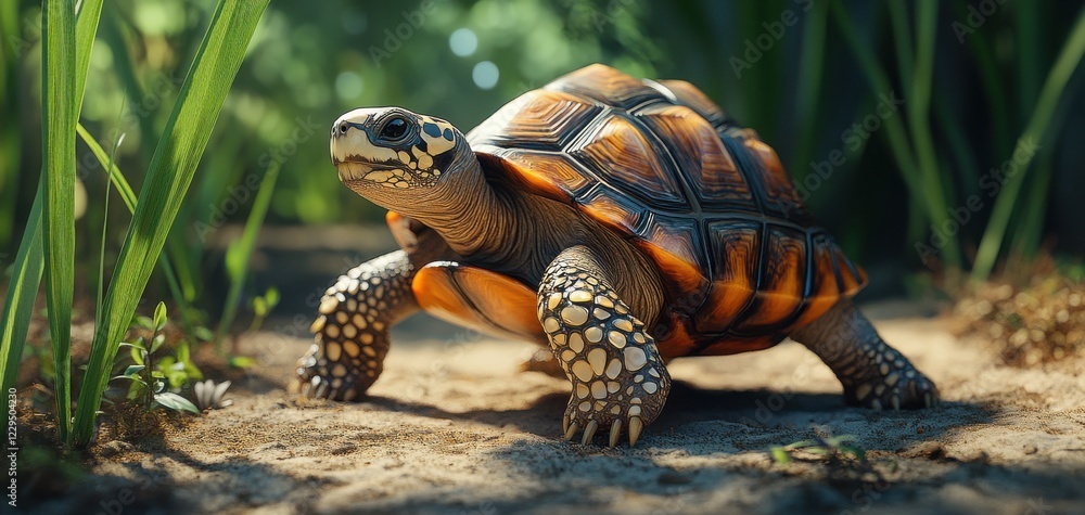 Obraz premium Detailed close-up of a vibrant tortoise in a lush green environment showcasing unique shell patterns and textures in a natural setting