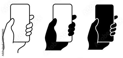smartphone in hand icons. Various hand positions holding a blank screen smartphone for messages or photos. Vector illustration.