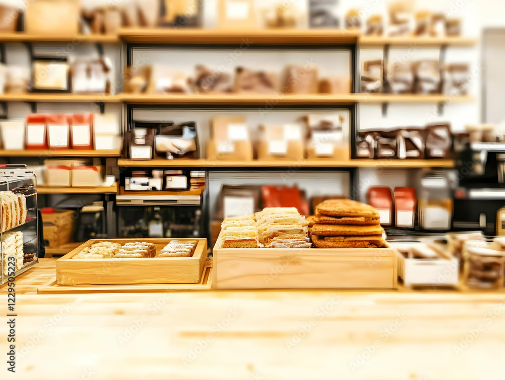 Delicious pastries and cakes displayed on wooden trays in a bakery or cafe with shelves of goods in the background. Delicious pastries and cakes displayed on wooden trays in a bakery or cafe with shelves of goods in the background.