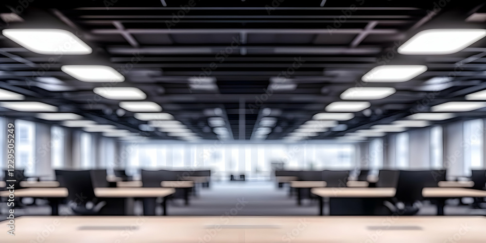 Fototapeta premium Blurred Modern Office Interior Shows Desks and Chairs Under Bright Lights from Ceiling with Windows