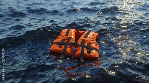 Bright orange life jacket floating on shimmering water, symbolizing safety and rescue at sea photo