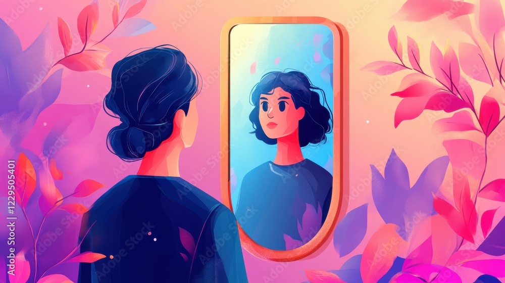 Woman gazing at her reflection in a mirror in a softly lit room with a contemplative expression Woman gazing at her reflection in a mirror in a softly lit room with a contemplative expression