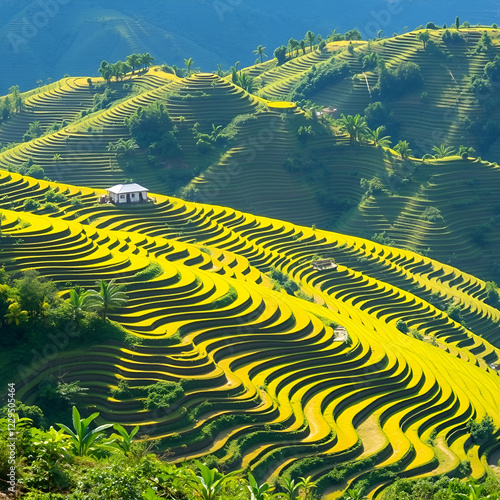 Terraces of farmer's plantation land on Mount Prau, Wonosobo which form beautiful patterns photo