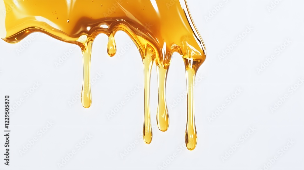 Naklejka premium Golden liquid dripping, showcasing its viscous texture and rich color against a clean white background.