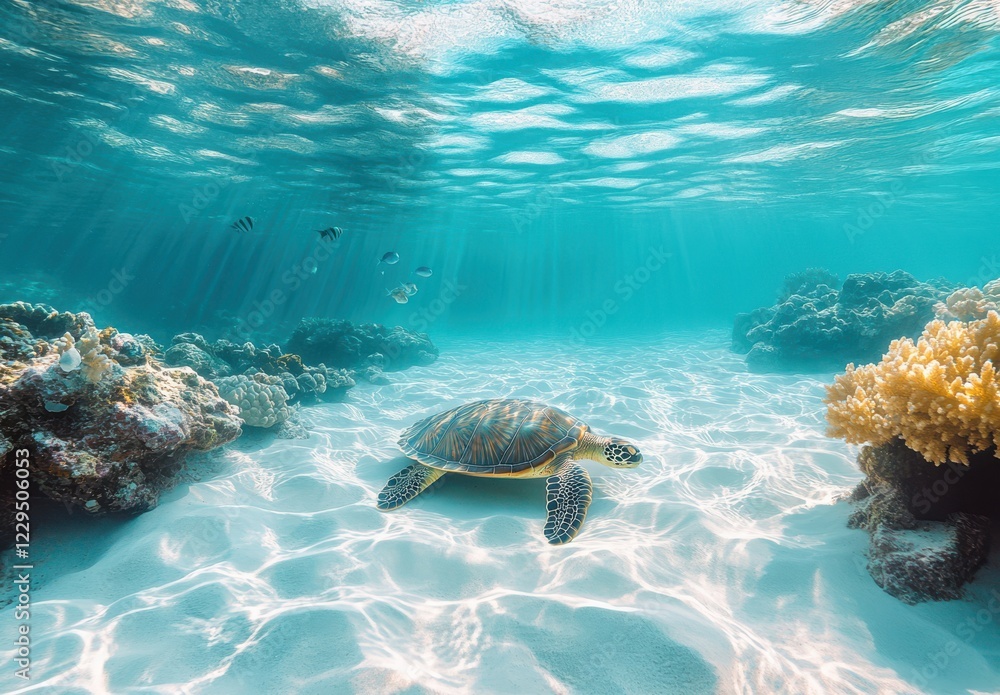 Obraz premium Elegant Sea Turtle Swimming Gracefully in Clear Tropical Waters Surrounded by Vibrant Coral and Schools of Colorful Fish