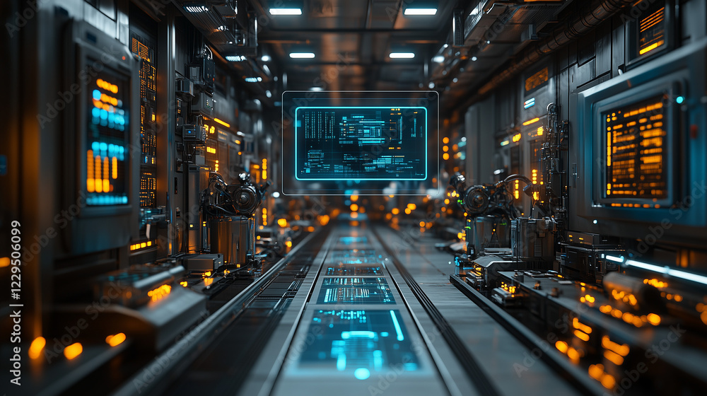Futuristic high-tech corridor with glowing screens and cyberpunk lighting for sci-fi and technology concept Futuristic high-tech corridor with glowing screens and cyberpunk lighting for sci-fi and technology concept