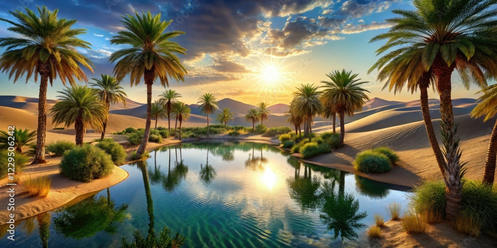 Fototapeta premium Photorealistic 3D render: a lush African oasis, palm trees thriving amidst the desert's harsh beauty.