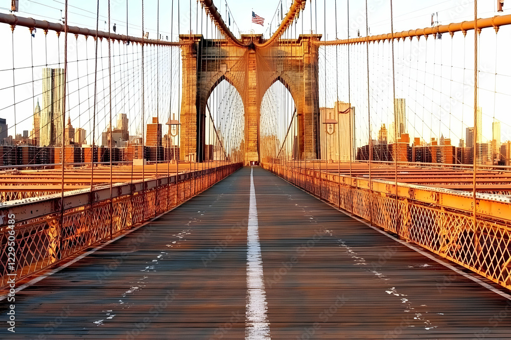 Obraz premium Suspension Bridge Spans City Skyline with Wooden Walkway at Sunrise Dramatically