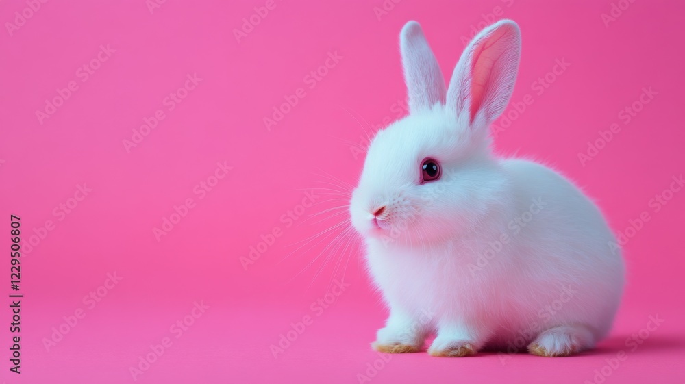 Playful white rabbit studio animal portrait pink background close-up adorable cuteness Playful white rabbit studio animal portrait pink background close-up adorable cuteness