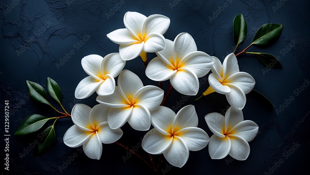 Fototapeta premium Elegant white plumeria flowers against dark background