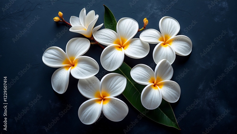 Fototapeta premium Elegant white plumeria flowers against dark background