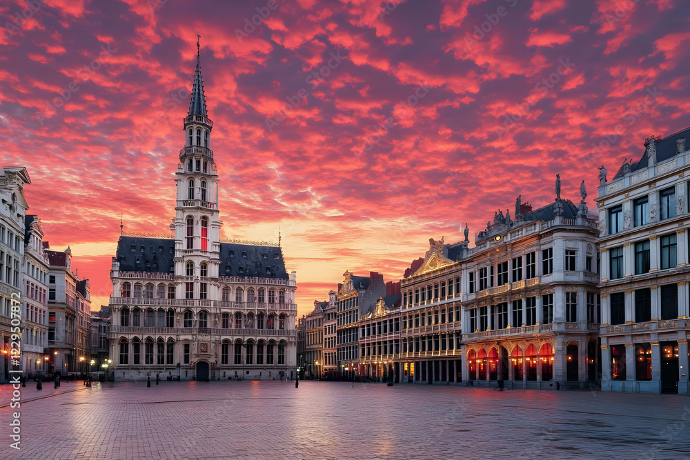 Fototapeta premium Grand Place Square lights up under a dramatic red and pink sunset sky in Brussels, Belgium