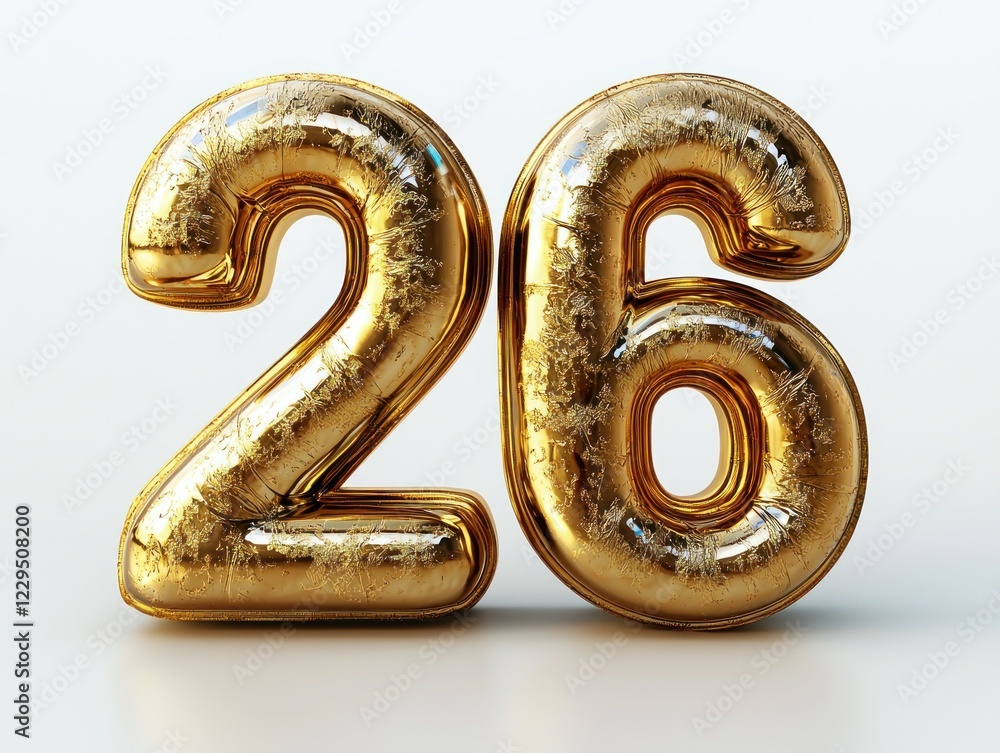 Gold foil balloons form number 26 on white Gold foil balloons form number 26 on white