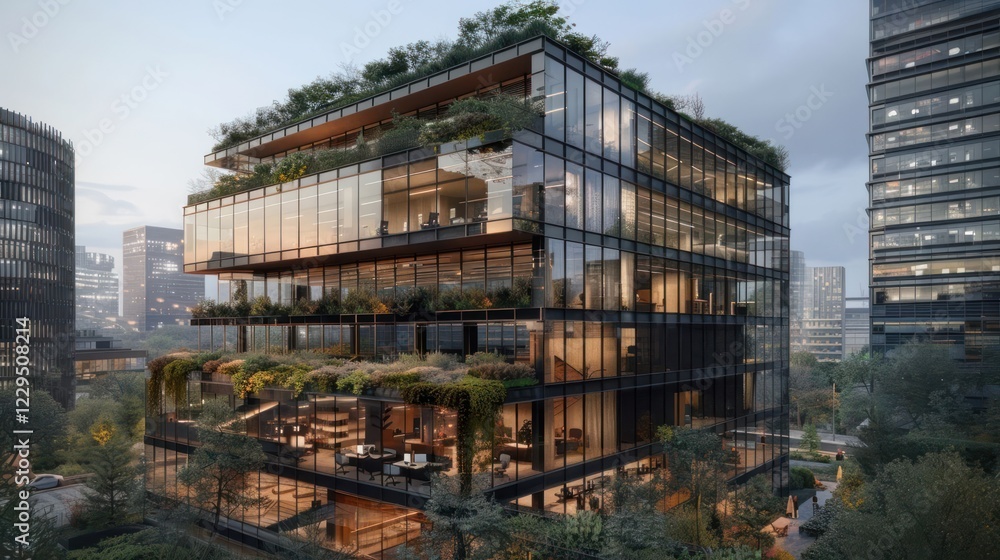Modern glass office building with green terraces, surrounded by urban landscape and evening light Modern glass office building with green terraces, surrounded by urban landscape and evening light