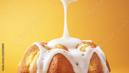 Delicious vanilla glaze dripping from Bundt cake against vibrant yellow background, creating mouthwatering and inviting scene photo