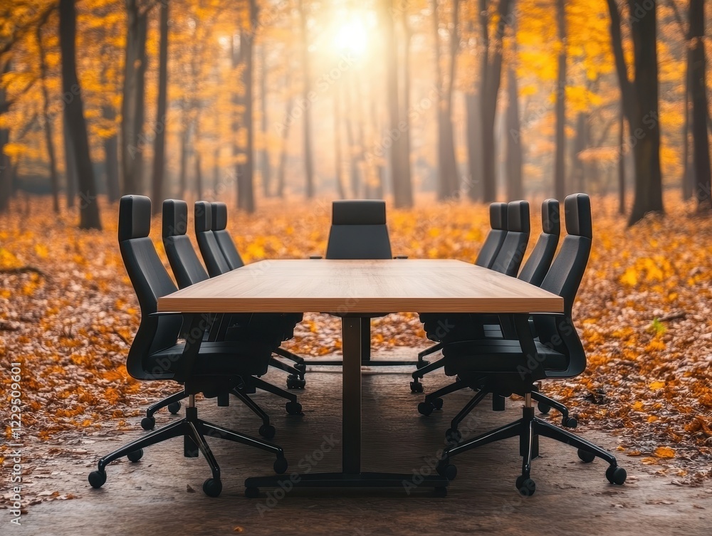 Modern meeting space in vibrant autumn forest. Modern meeting space in vibrant autumn forest.