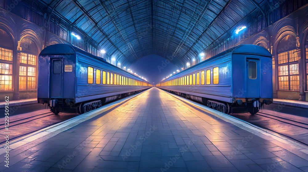 Blue Passenger Trains Stand at a Deserted Platform at Night, Illuminated by Warm Lights Blue Passenger Trains Stand at a Deserted Platform at Night, Illuminated by Warm Lights