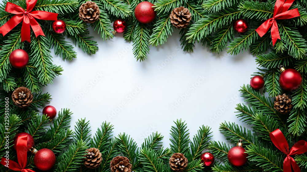 Festive Christmas Frame with Green Fir Branches, Red Decorations, and Pine Cones on White Background for Holiday Marketing and Social Media Festive Christmas Frame with Green Fir Branches, Red Decorations, and Pine Cones on White Background for Holiday Marketing and Social Media