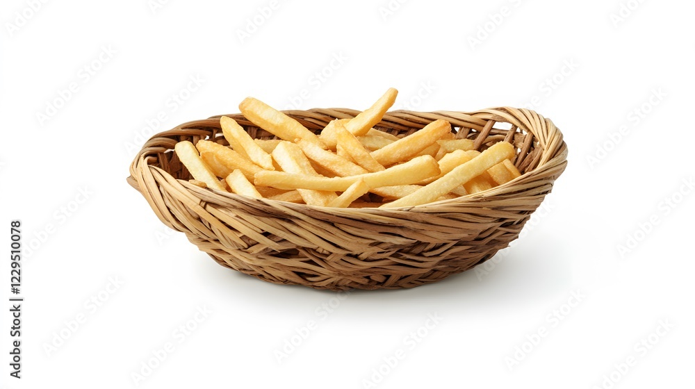 A wicker basket overflowing with golden-brown french fries. A wicker basket overflowing with golden-brown french fries.