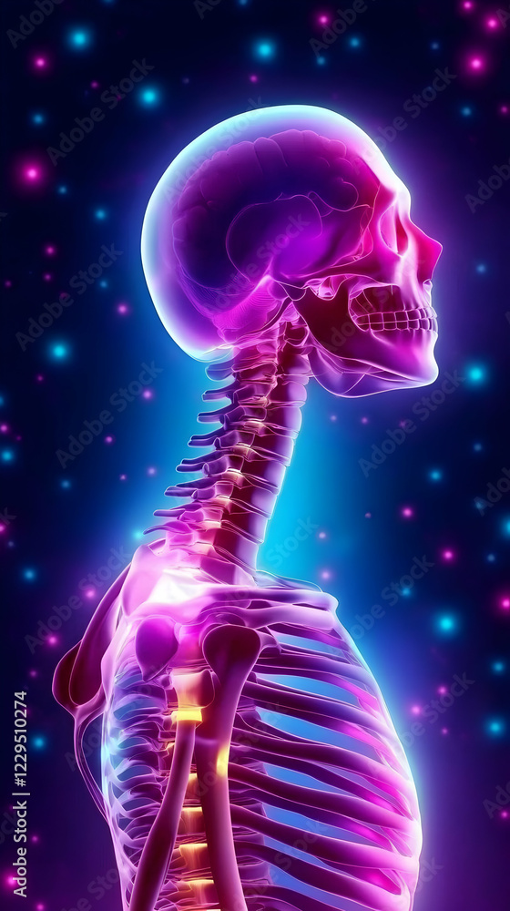 3D Illustration Shows Upper Body Skeletal Structure, Highlighting Ribs, Sternum, Clavicle, Scapula, and Cervical Spine 3D Illustration Shows Upper Body Skeletal Structure, Highlighting Ribs, Sternum, Clavicle, Scapula, and Cervical Spine