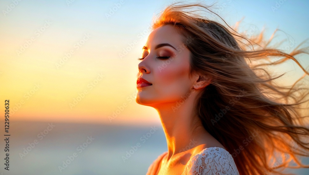 Gentle breeze caressing a serene woman's face Gentle breeze caressing a serene woman's face