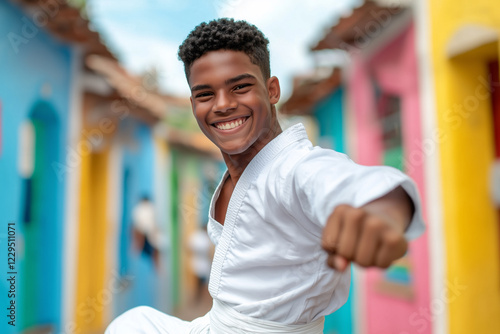 Happy black teenage boy wearing a white karate gi, performing a punch while smiling, standing on a vibrant and colorful street photo