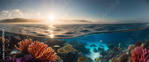 An expansive ocean view filled with colorful coral reefs glistening in the sunlight
