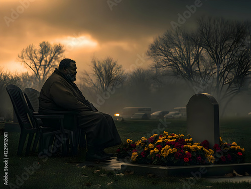 Man Sits Mournfully by Gravesite at Dusk with Flowers Adorning Tombstone Quietly. photo