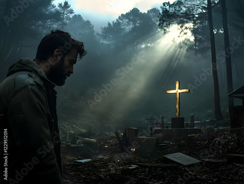 Man Grieves in Foggy Cemete...