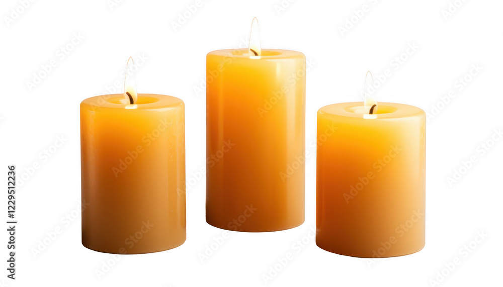 Three pillar candles isolated on transparent background Three pillar candles isolated on transparent background