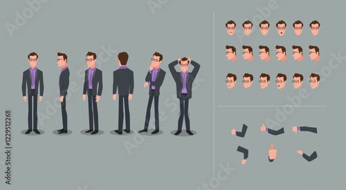 A business man character design model sheet with different poses and expressions. Vector illustration