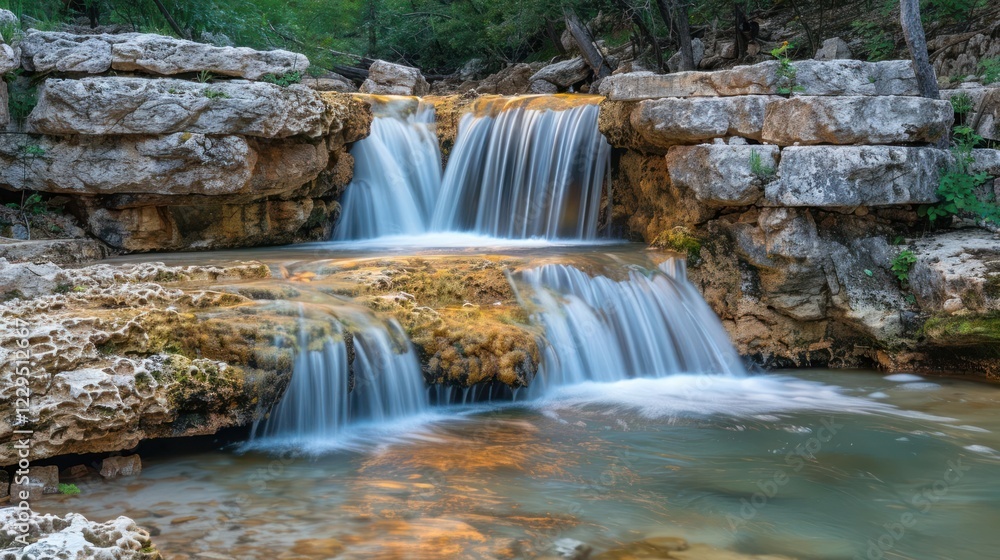 Obraz premium Serene waterfall cascading over rocky ledges in a lush green forest setting during golden hour