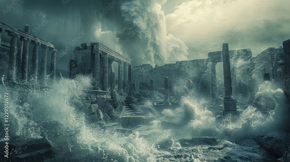 Fototapeta premium Ancient ruins submerged by turbulent waves under a stormy sky, evoking a sense of chaos