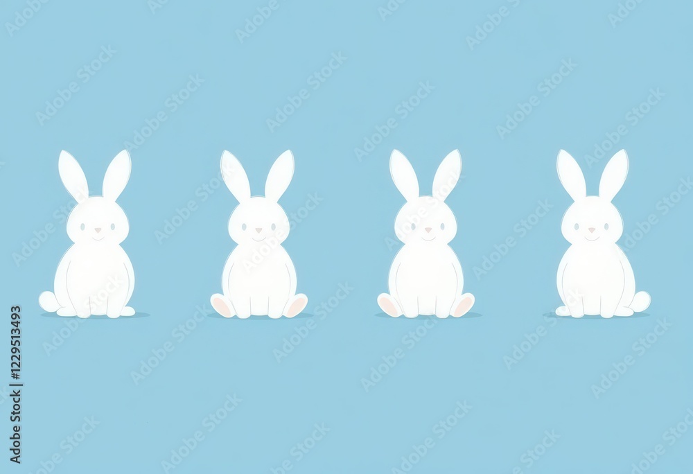 Fototapeta premium Cute white rabbits sitting against light blue background.